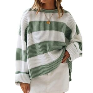 Zesica Green White Striped Crew Neck Oversized Comfy Fall Sweater